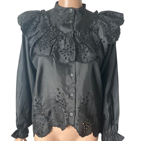 Topshop Eyelet Blouse Womens Size 4 Black Button Front - Picture 4 of 16